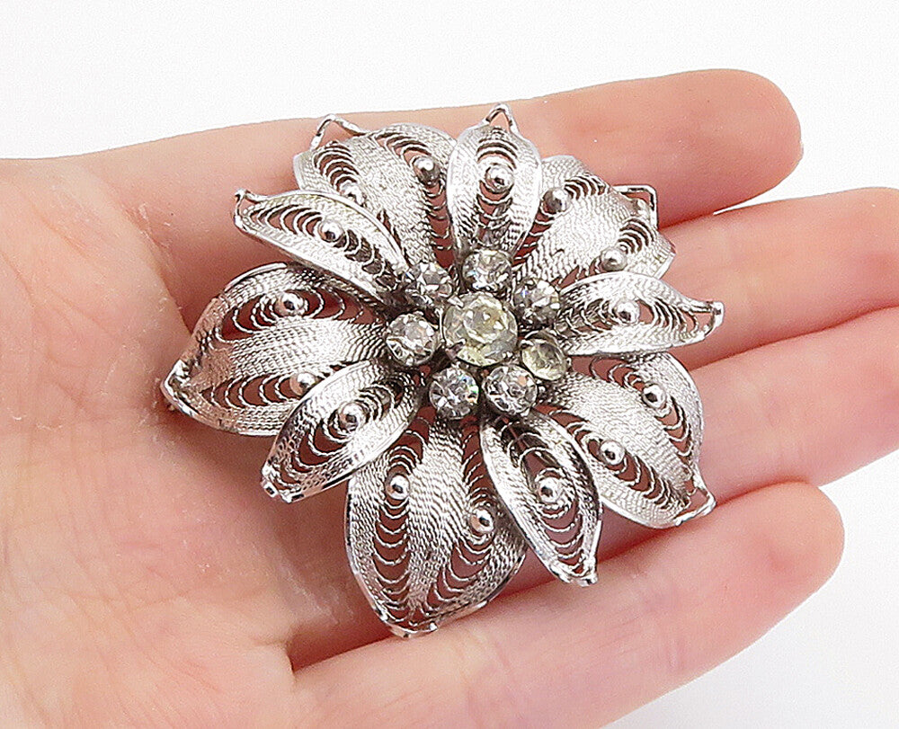 ESPO 925 Silver  Vintage Cubic Zirconia Filigree Flower Brooch Pin  BP2853