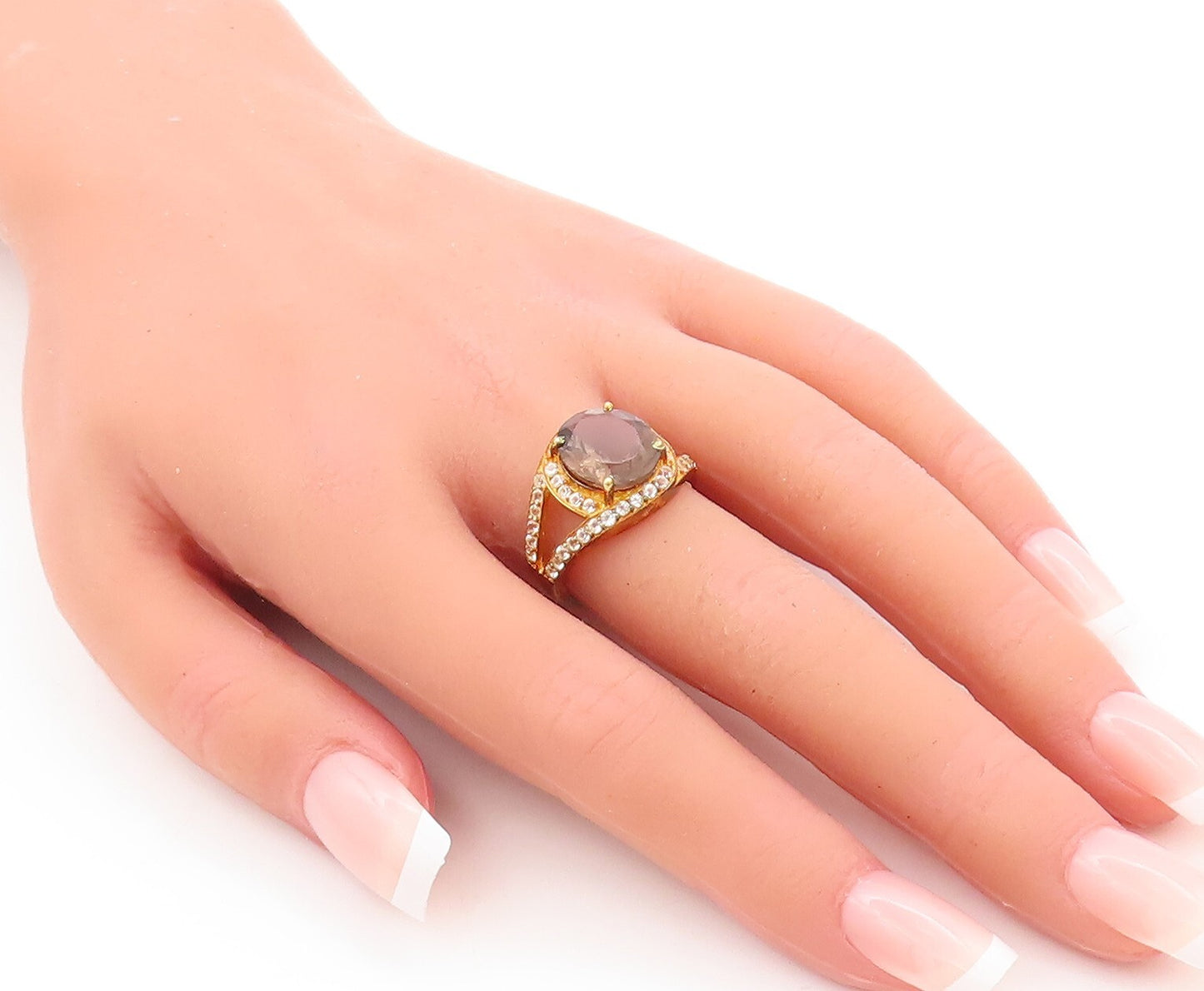 925 Sterling Silver Vintage Ring Gold Plated Smoky Quartz & Topaz  Sz 7  RG29373