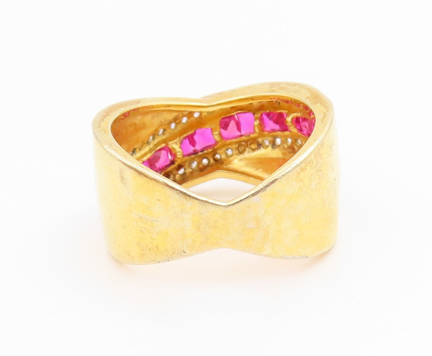 925 Sterling Silver Vintage Ring Gold Plated Ruby & Topaz Crossover Sz 7 RG35988