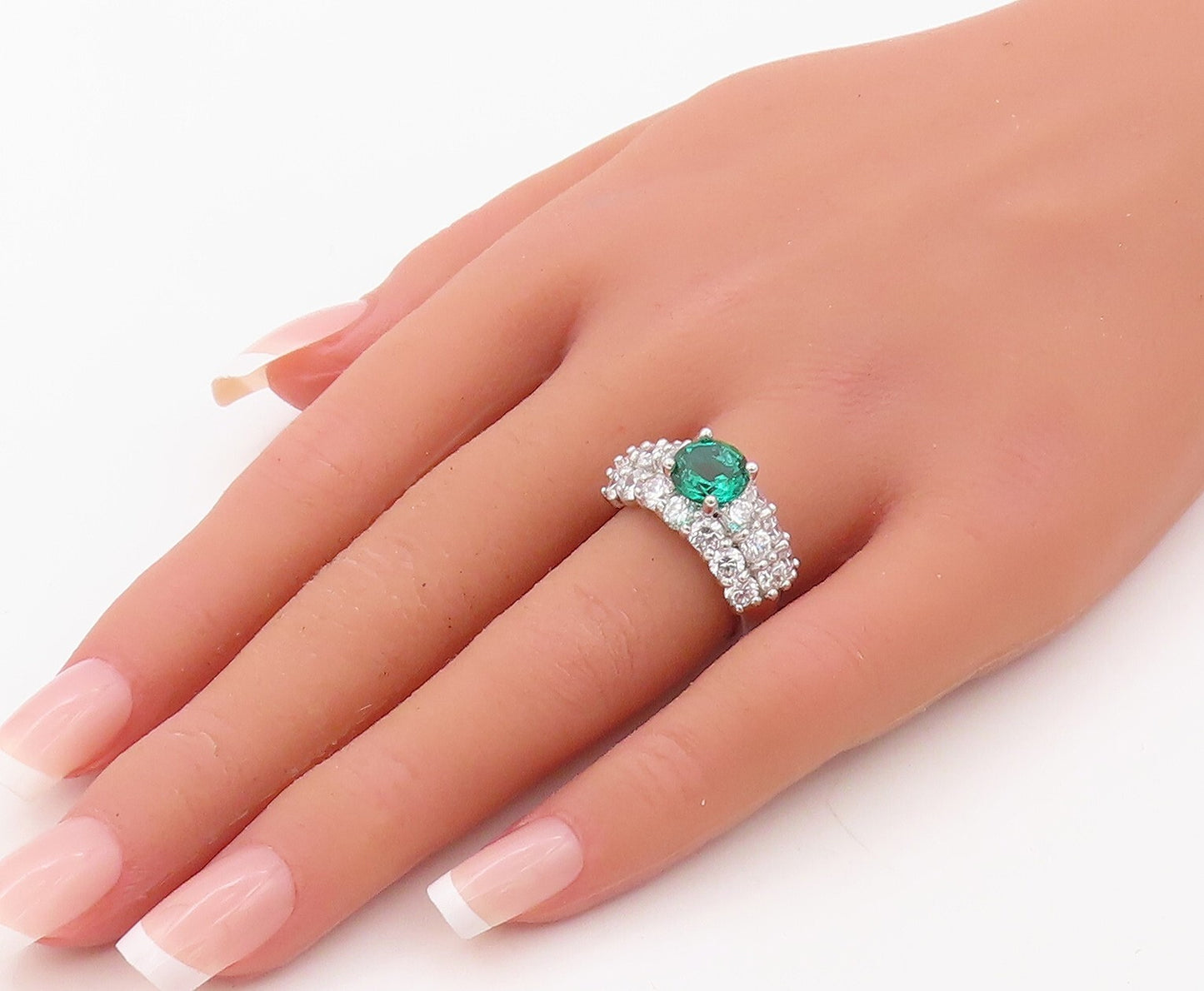925 Sterling Silver Vintage Ring White Band & Round Green CZ Inlay Sz 7  RG30795