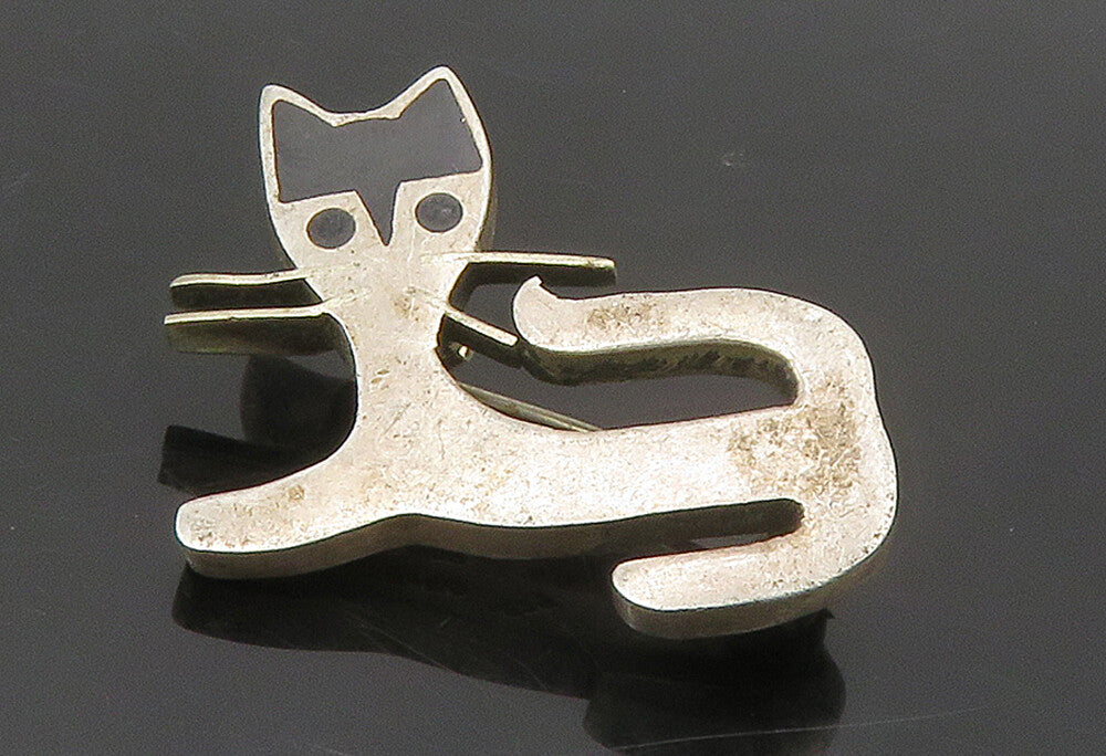 MEXICO 925 Silver  Vintage Inlaid Black Onyx Cat Motif Brooch Pin  BP6302