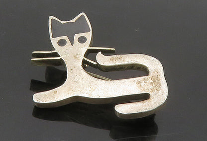 MEXICO 925 Silver  Vintage Inlaid Black Onyx Cat Motif Brooch Pin  BP6302