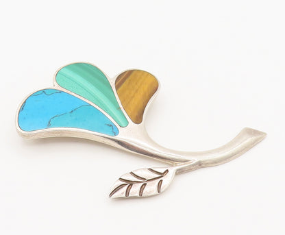 MEXICO 925 Silver  Vintage Tigers Eye Turquoise & Malachite Brooch Pin BP10142