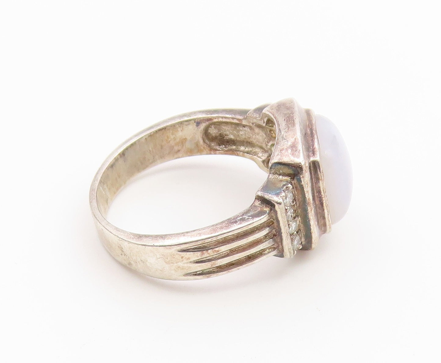 925 Sterling Silver Vintage Ring Milky Moonstone & CZ Ribbed Band  Sz 7  RG36856