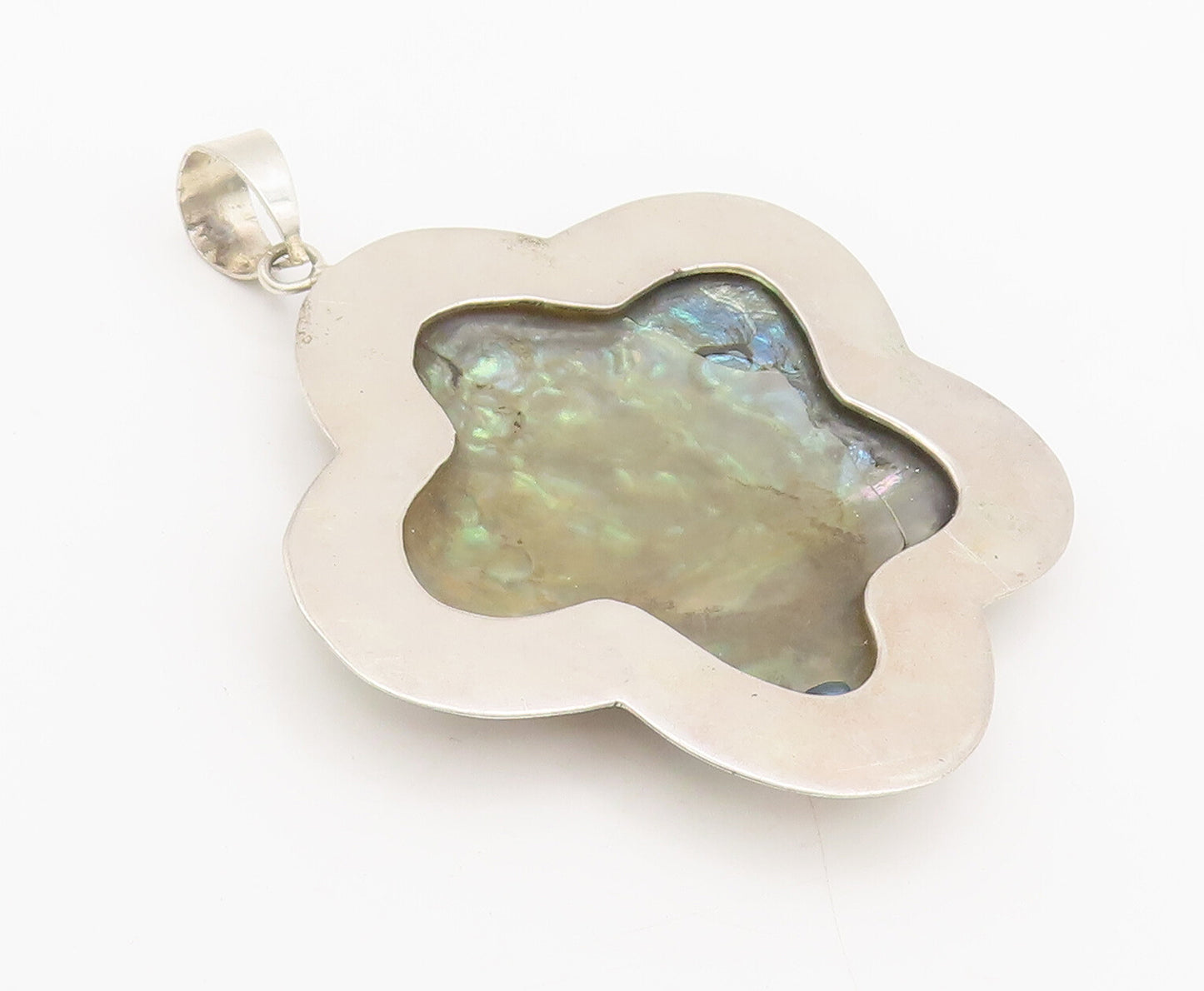 925 Silver  Vintage Large 5 Petal Flower Cutout Halo Bordered Pendant  PT22273