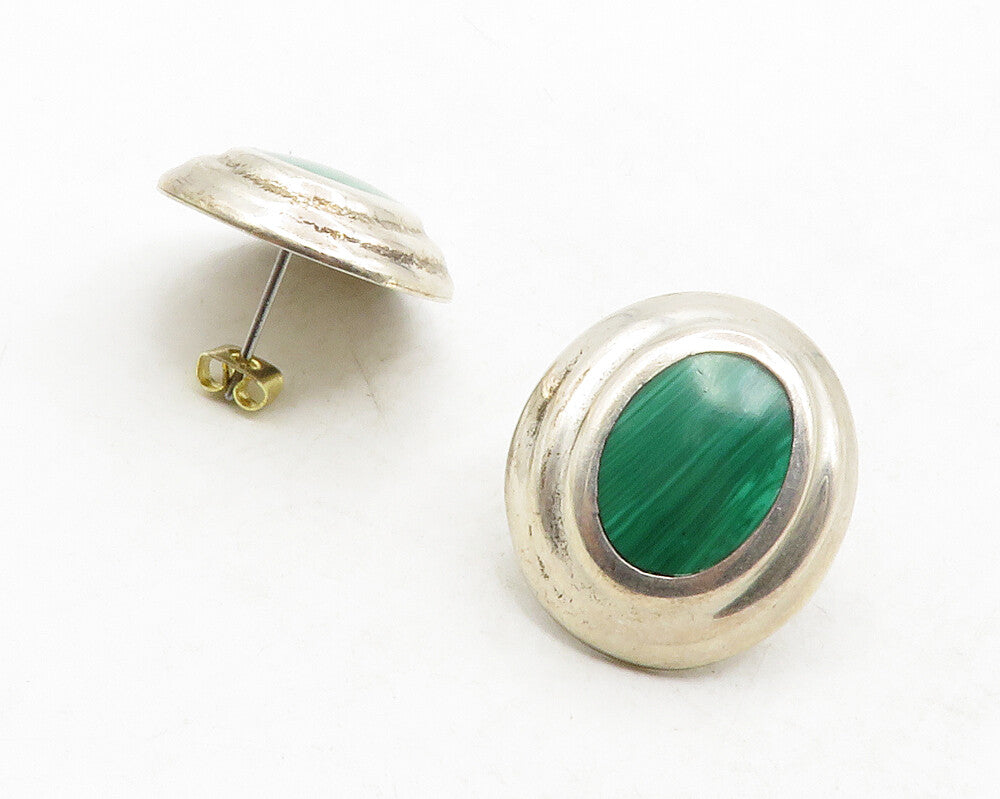 MEXICO 925 Silver  Vintage Inlaid Malachite Oval Dome Drop Earrings  EG6869