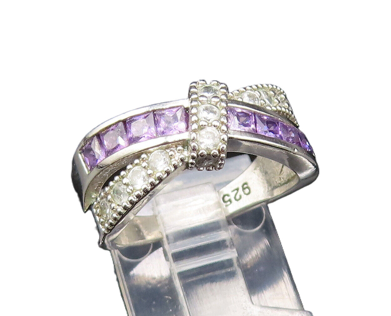 925 Silver  Vintage Amethyst & Topaz Tied Crisscross Band Ring Sz 7  RG25495