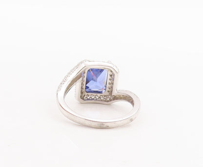 925 Sterling Silver Vintage Ring Designer Rectangle Sapphire & CZ Sz 7 RG29222
