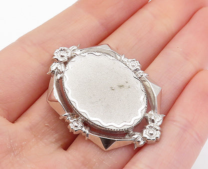 925 Sterling Silver  Vintage Shiny Floral Wreath Matte Oval Brooch Pin  BP2767