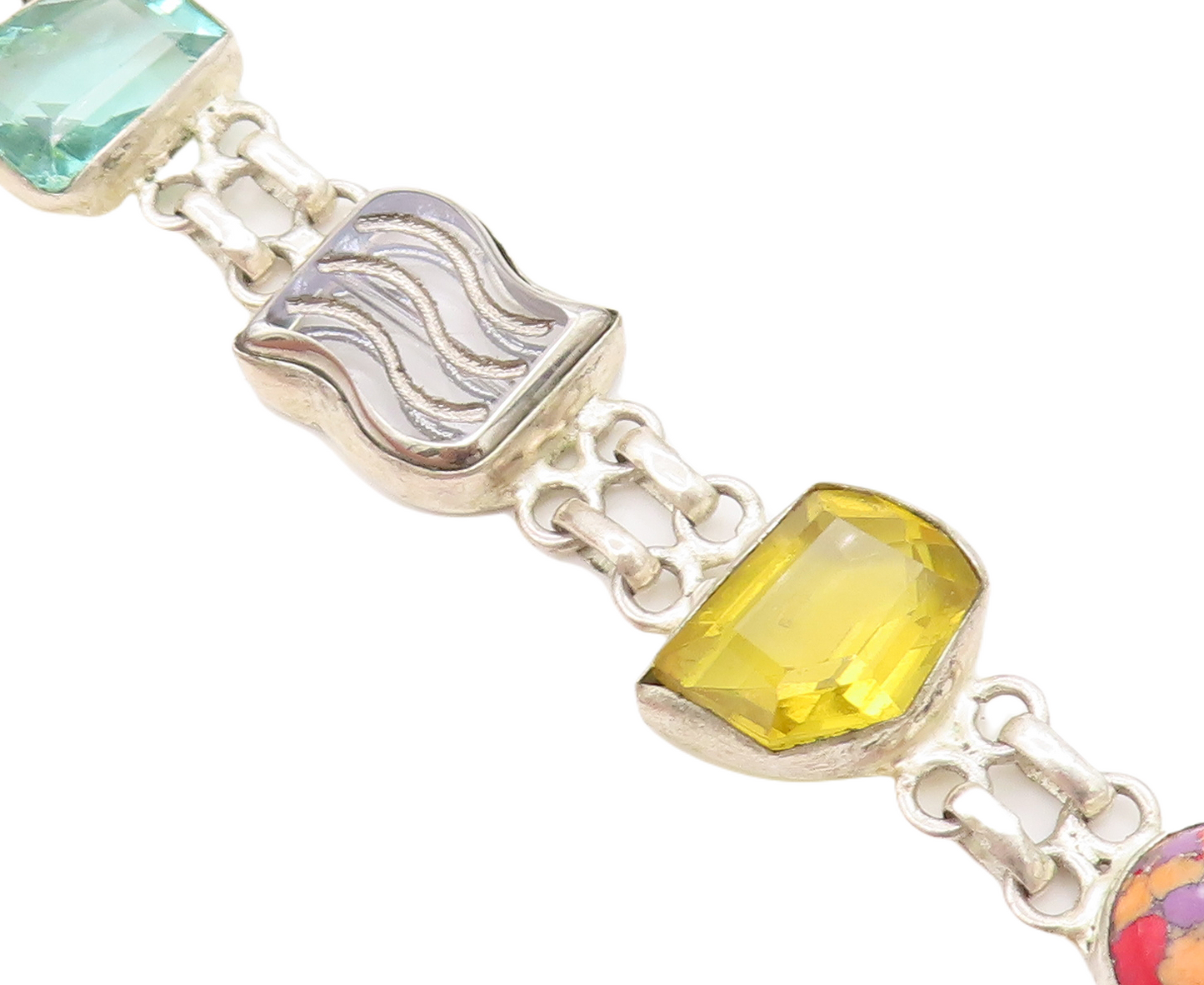 925 Sterling Silver  Vintage Azurite Turquoise & Topaz Chain Bracelet  BT3157
