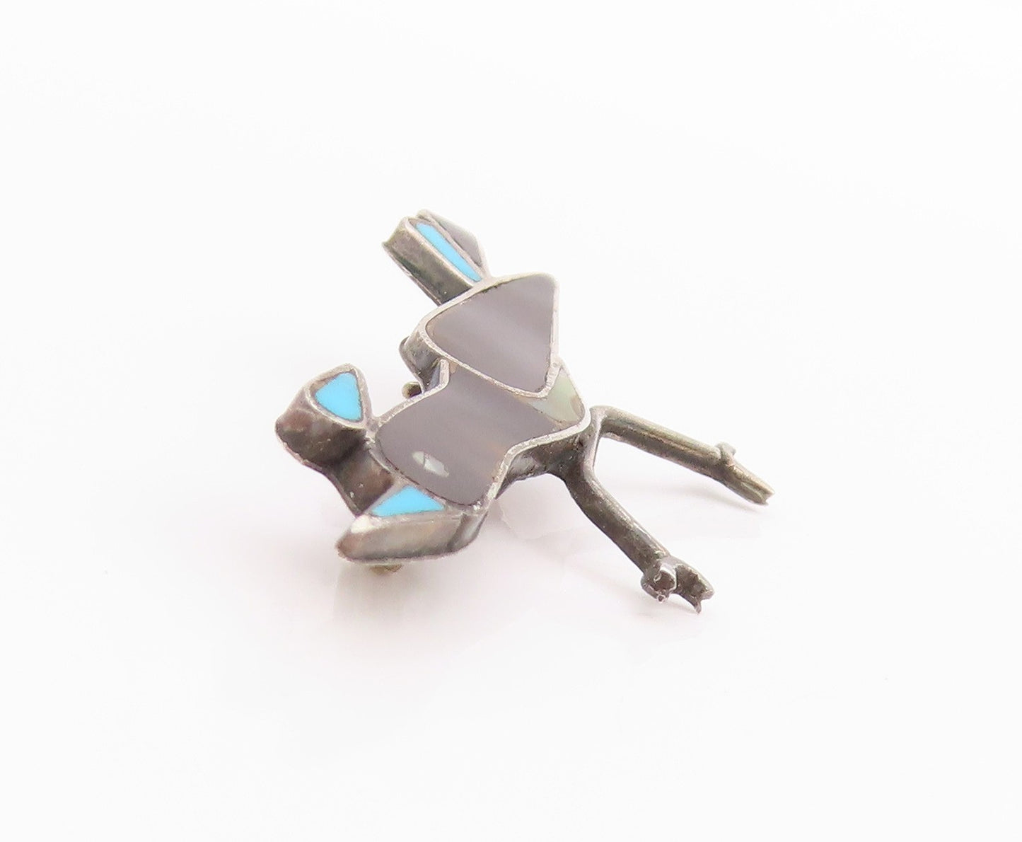 925 Sterling Silver Vintage Brooch NAVAJO ZUNI Onyx Larimar Running Bird BP11706
