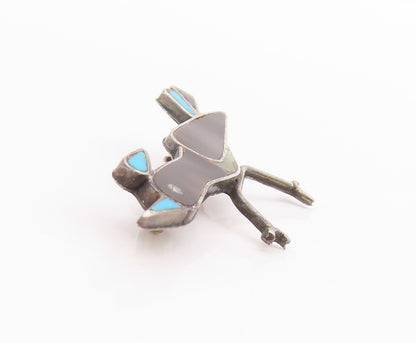 925 Sterling Silver Vintage Brooch NAVAJO ZUNI Onyx Larimar Running Bird BP11706