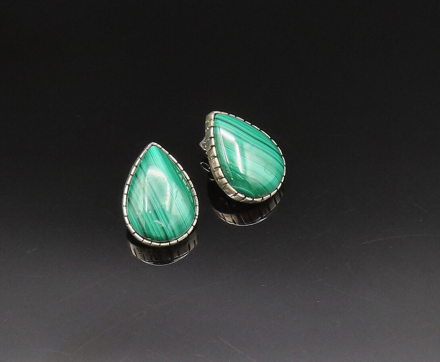 NAVAJO 925 Silver  Vintage Etched Pear Shaped Malachite Earrings  EG11949