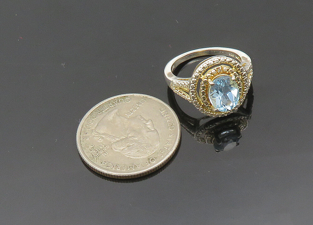 925 Sterling Silver  Vintage Blue Topaz Shiny Round Cocktail Ring Sz 6 RG20653