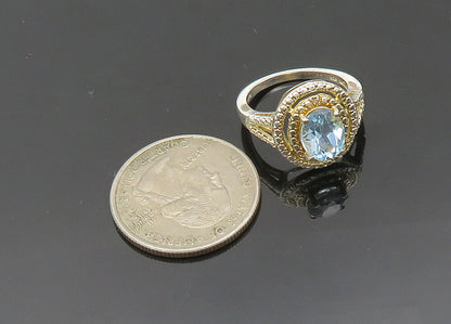 925 Sterling Silver  Vintage Blue Topaz Shiny Round Cocktail Ring Sz 6 RG20653