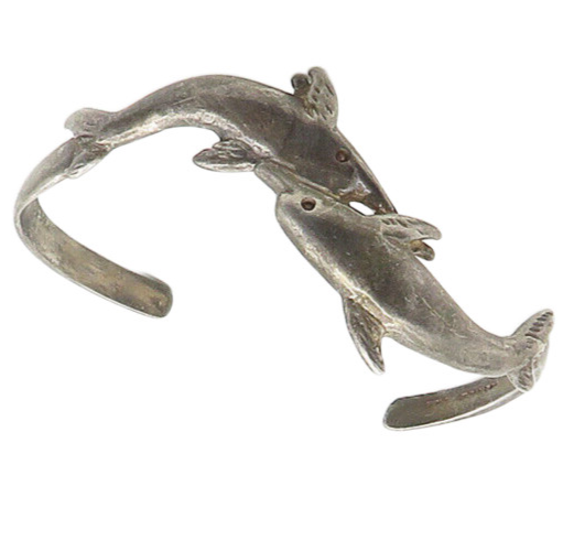 MEXICO 925 Sterling Silver  Vintage Oxidized Dolphins Cuff Bracelet  BT6986