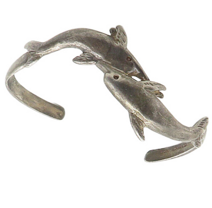 MEXICO 925 Sterling Silver  Vintage Oxidized Dolphins Cuff Bracelet  BT6986