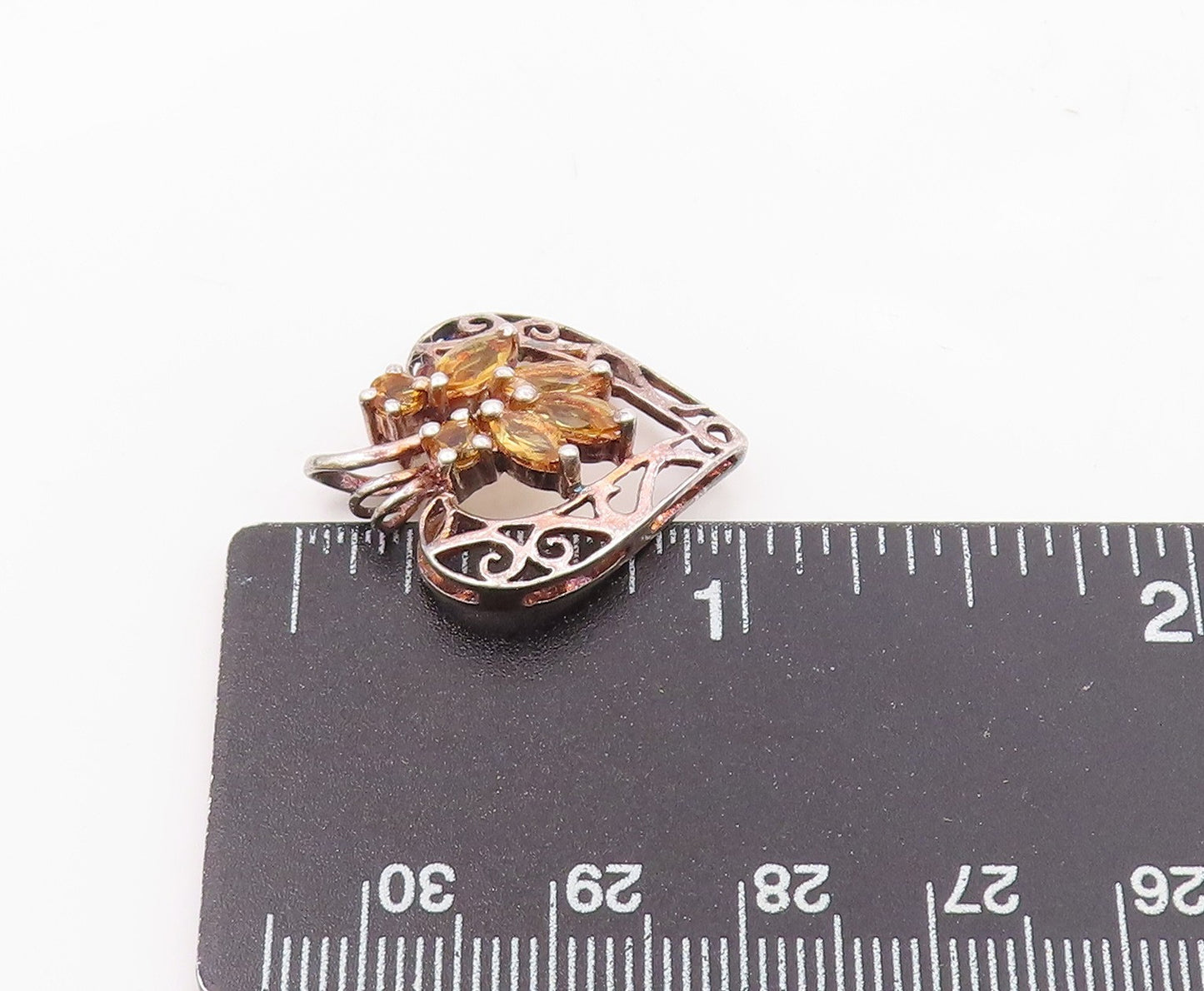 925 Sterling Silver  Vintage Open Love Heart Citrine Leaves Pendant  PT20091