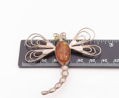925 Sterling Silver Vintage Brooch Pin Cabochon Amber Winged Dragonfly  BP12579