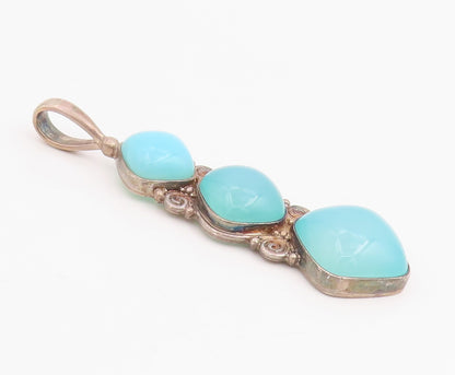 925 Sterling Silver Vintage Pendant SAJEN Three Stone Chalcedony Drop  PT25849