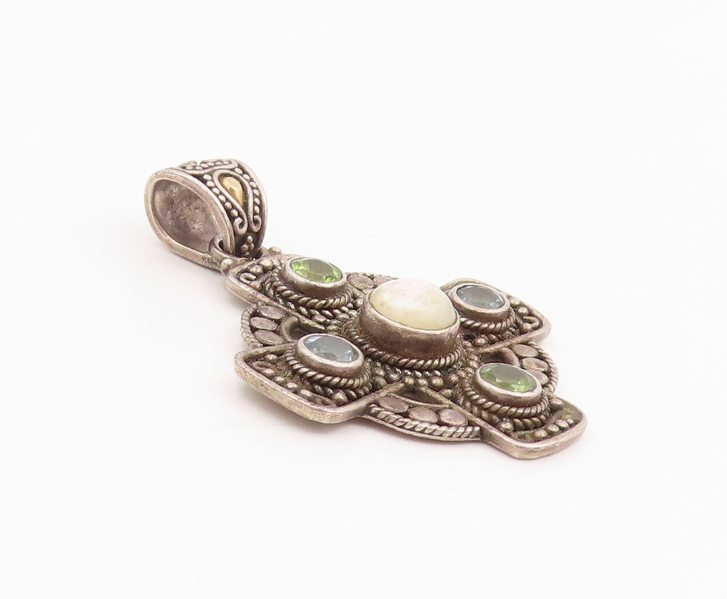 18k Gold & 925 Sterling Silver Vintage Pendant SUARTI BALI Gemstone  PT26035