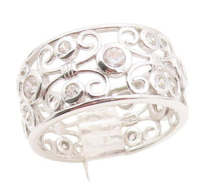 925 Sterling Silver Vintage Ring CZ Intricate Openwork Wide Band  Sz 9  RG35003
