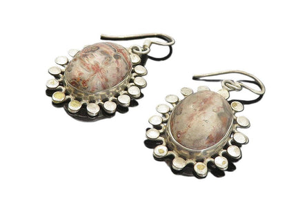 925 Sterling Silver  Vintage Cabochon Cut Jasper Floral Dangle Earrings EG3641