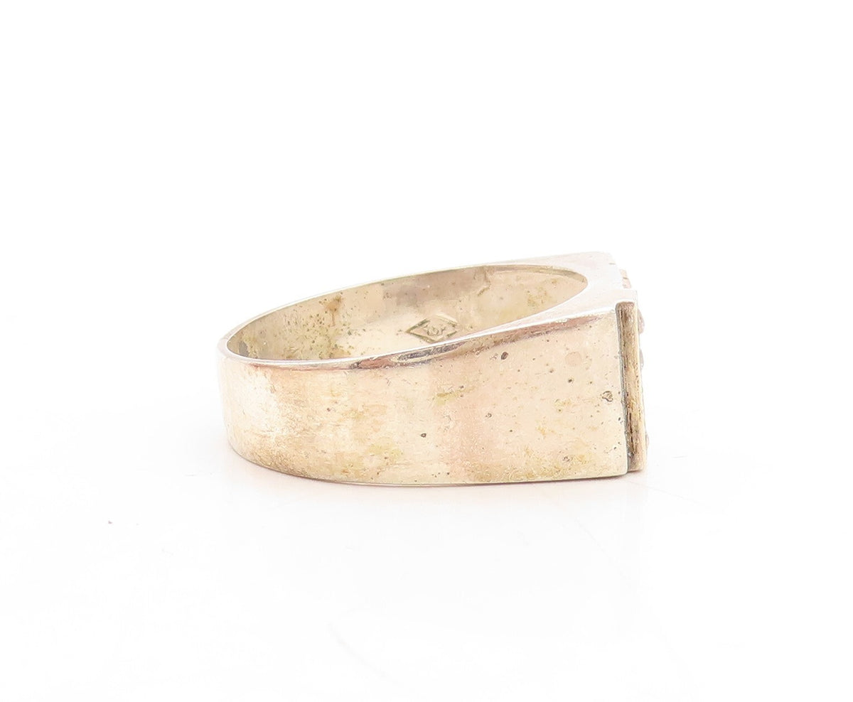 14k Gold 925 Sterling Silver Vintage Ring Solid Carved K CZ Inlay Sz 9.5 RG31520