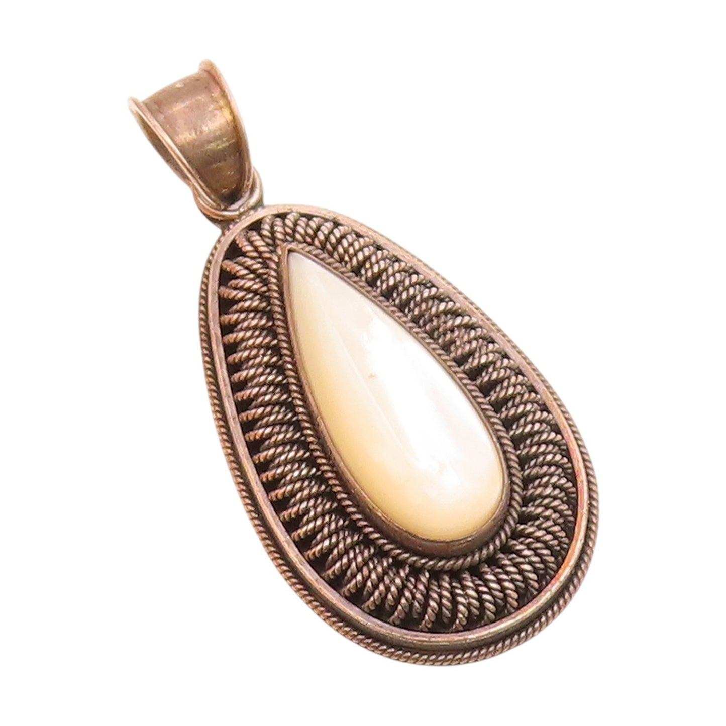 BALI 925 Silver  Vintage Mother Of Pearl Rope Twist Pear Shape Pendant PT21023