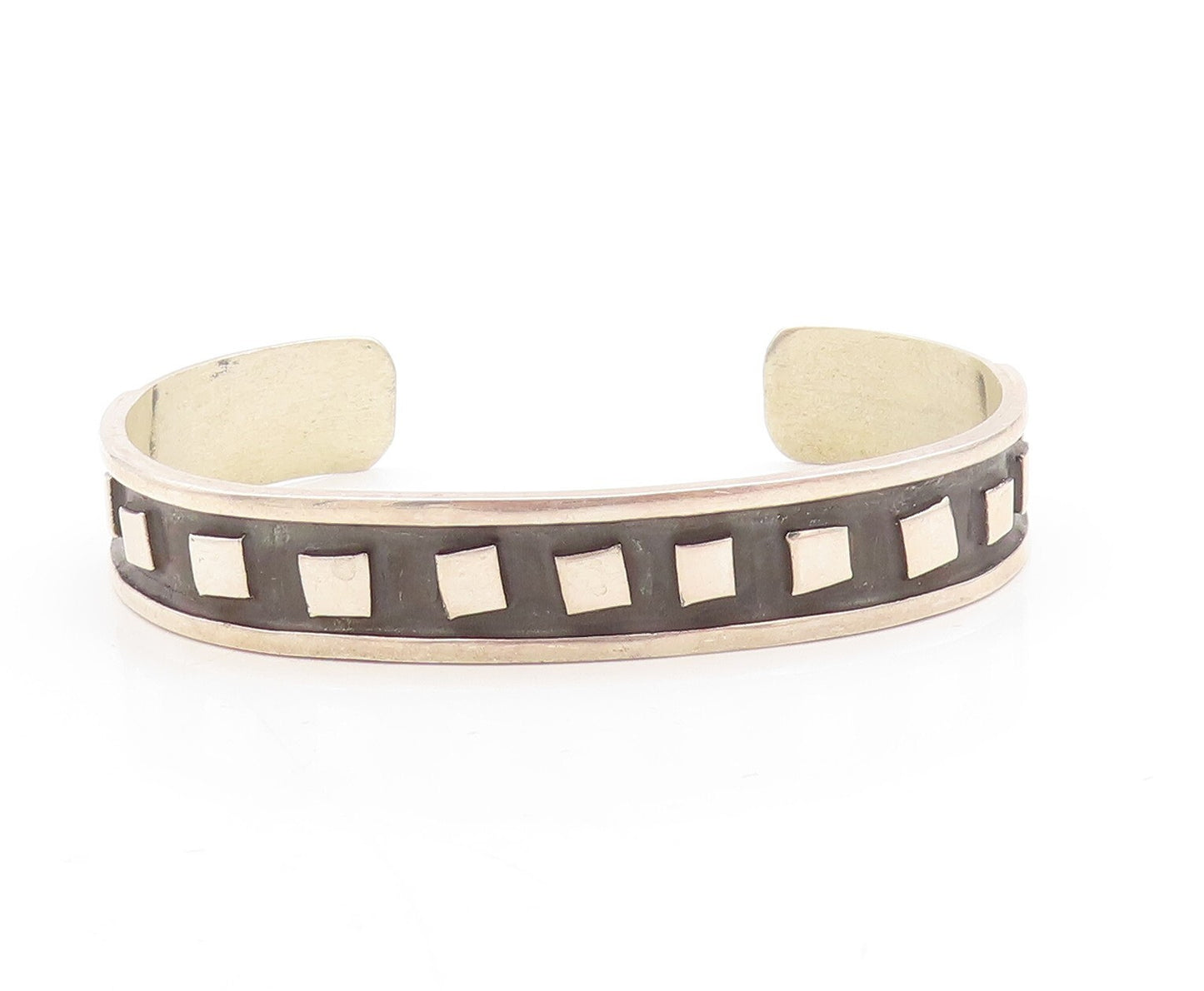 925 Sterling Silver Vintage Bracelet MEXICO Dark Tone Square Carved Cuff BT10955