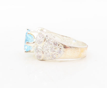 925 Sterling Silver Vintage Ring Designer Cutout Blue & White CZ  Sz 7  RG31032
