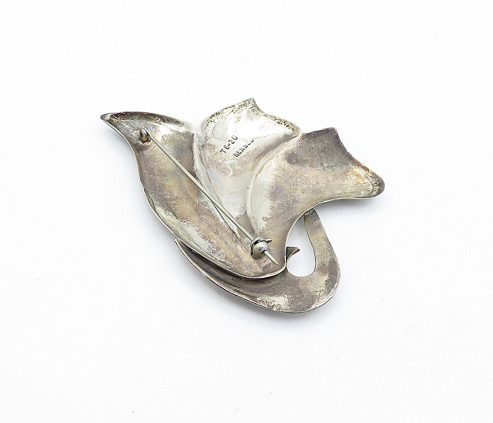 MEXICO 925 Sterling Silver  Vintage Shiny Dark Tone Flower Brooch Pin  BP1553