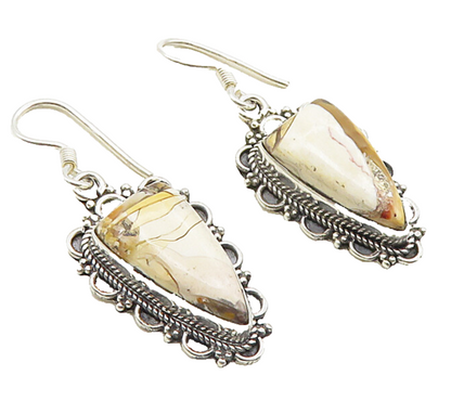 925 Sterling Silver  Vintage Cabochon Cut Brown Jasper Dangle Earrings  EG4961