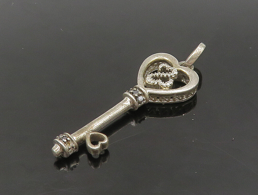 925 Silver  Vintage Genuine Black & White Diamonds Heart Key Pendant  PT19687