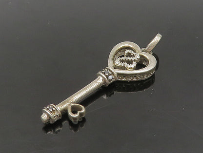 925 Silver  Vintage Genuine Black & White Diamonds Heart Key Pendant  PT19687