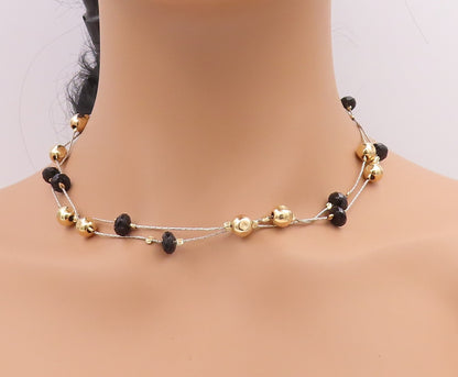 14k Gold 925 Sterling Silver Vintage Necklace Designer Bead Carved Onyx  NE4439