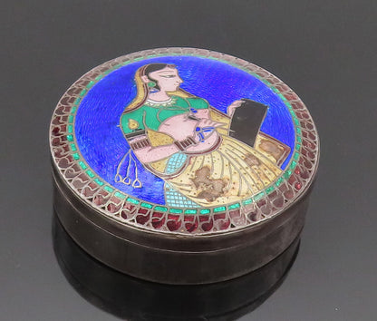 925 Silver  Vintage Enameled Indian Girl Writing Pill Box (OPENS)  TR3631