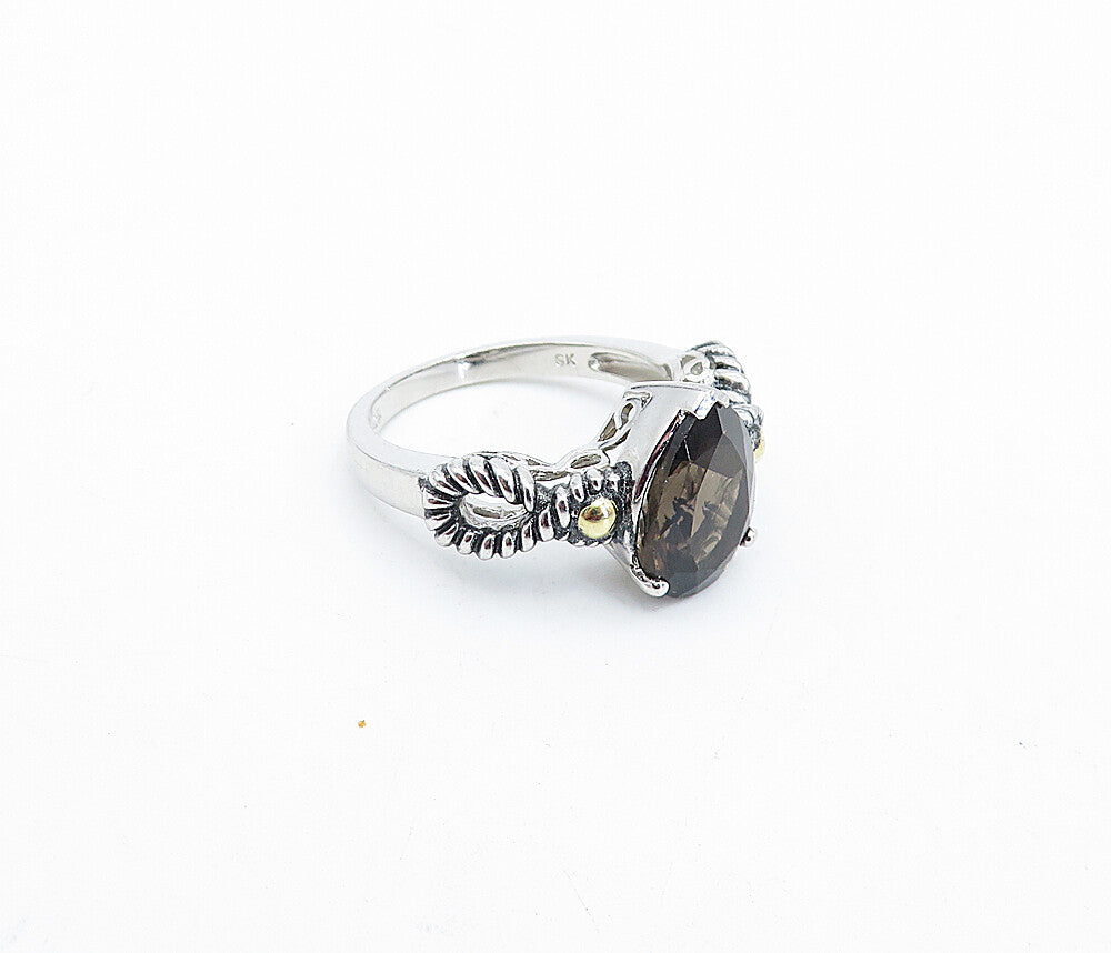 925 Silver & 18K GOLD  Smoky Topaz Two Tone Twist Solitaire Ring Sz 5  RG3945