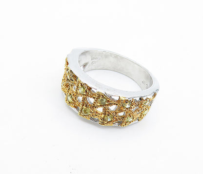 925 Sterling Silver Peridot Dotted Two Tone Shiny Band Ring Sz 7 RG6564
