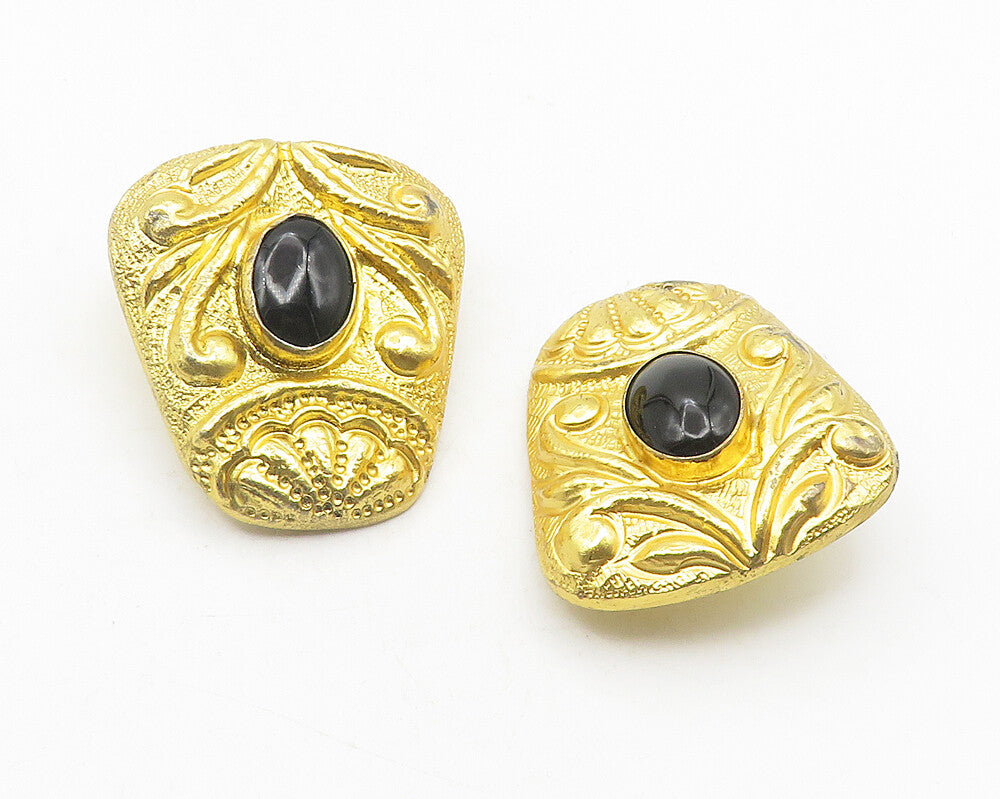 TAKI 925 Sterling Silver Vintage Black Onyx Gold Plated Earrings  EG6063