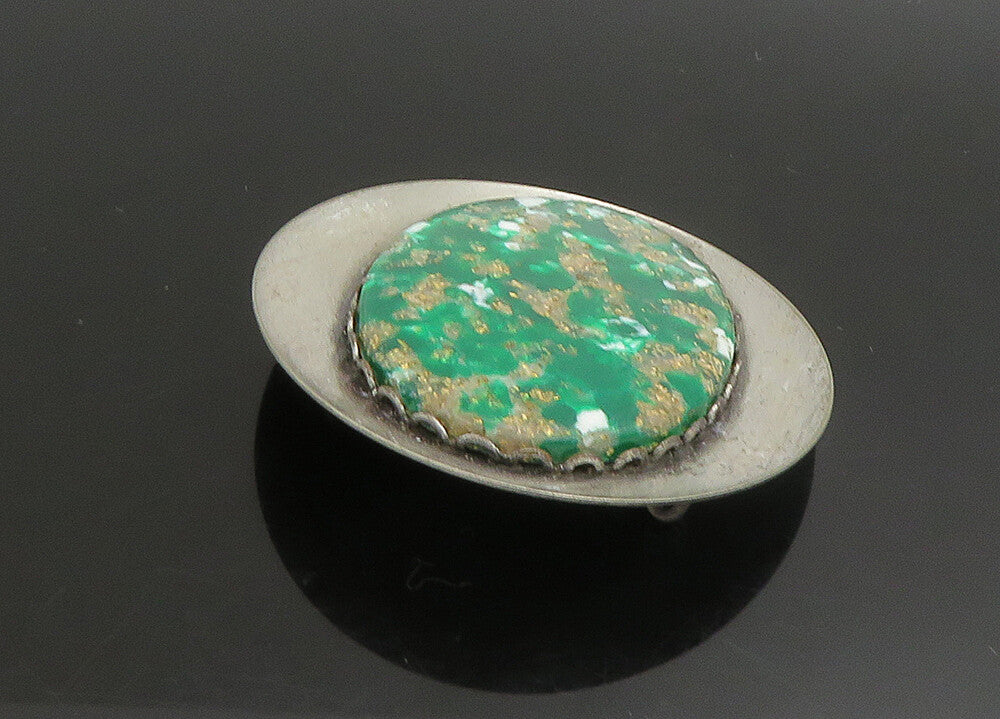 925 Sterling Silver  Vintage Green Enamel Art Smooth Oval Brooch Pin  BP9043