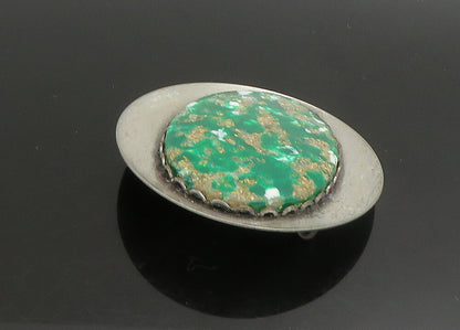 925 Sterling Silver  Vintage Green Enamel Art Smooth Oval Brooch Pin  BP9043
