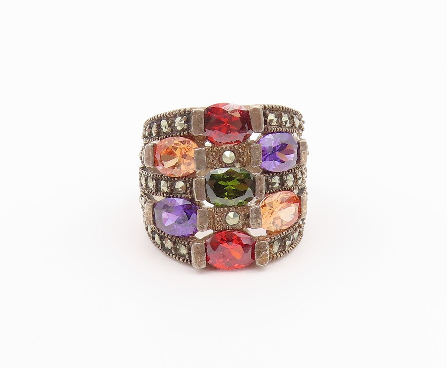 925 Sterling Silver Vintage Ring Multi Gemstone Statement Band  Sz 9  RG36558
