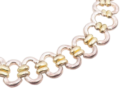 925 Sterling Silver Vintage Necklace Two Tone Modernist Oval Link Choker  NE4781