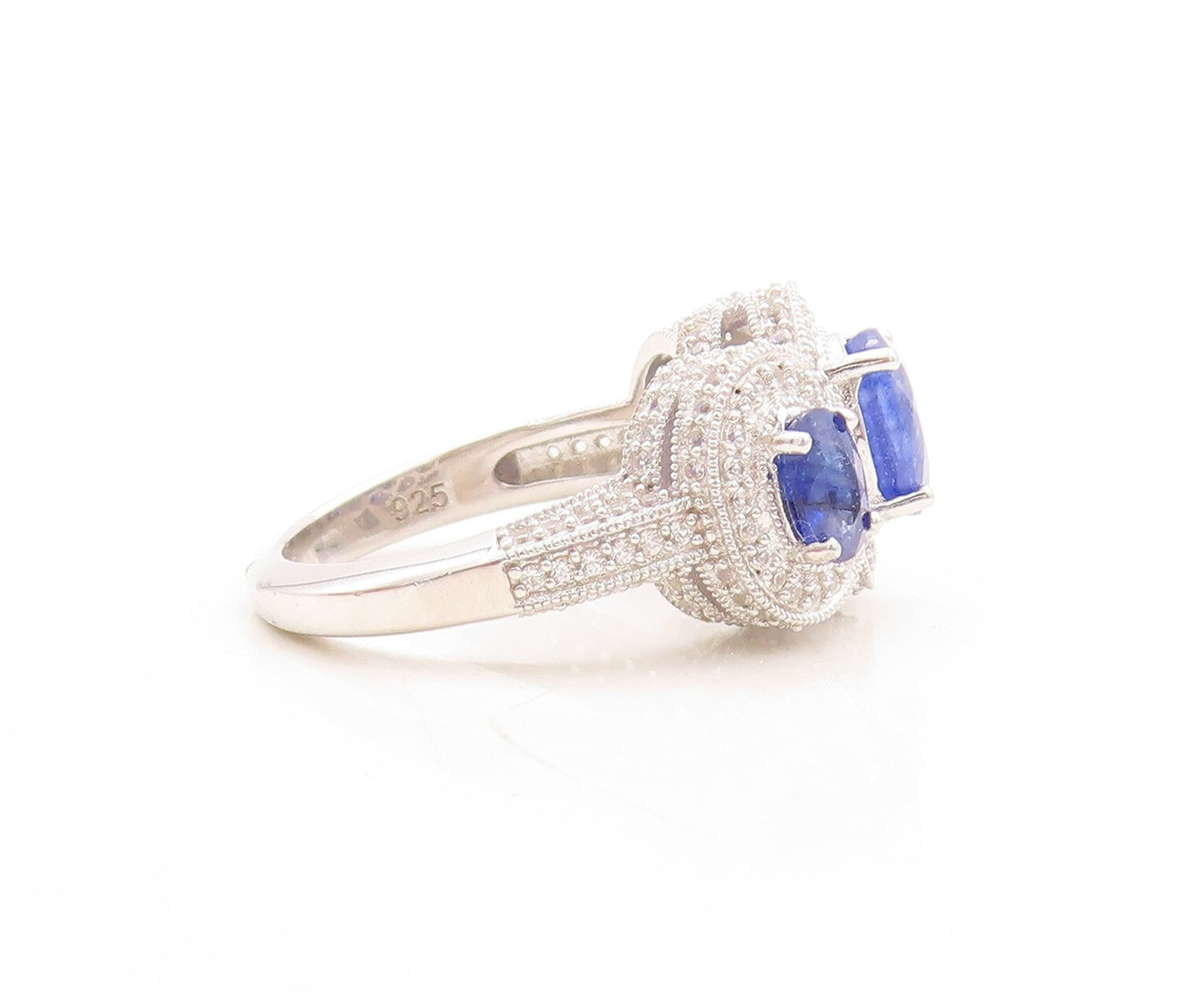925 Sterling Silver Vintage Ring Oval Cut Sapphire Halo CZ Inlay  Sz 7  RG29887
