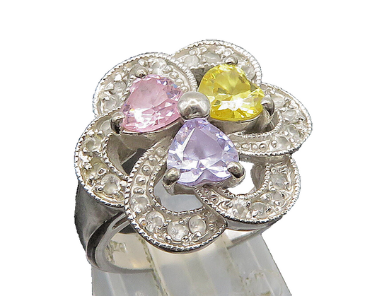 925 Sterling Silver Vintage Love Heart Multi Color Topaz Ring Sz 6  RG24435