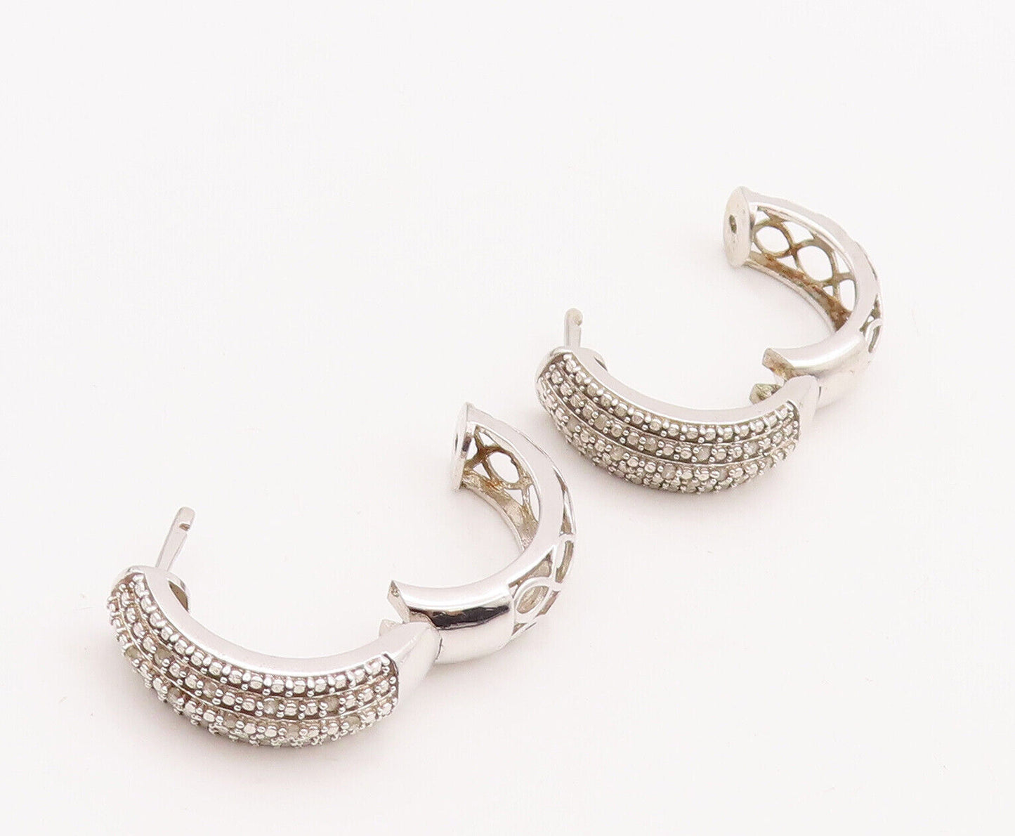 925 Sterling Silver Vintage Earrings Cutout Solid Diamonds Inlay Hoops  EG13066
