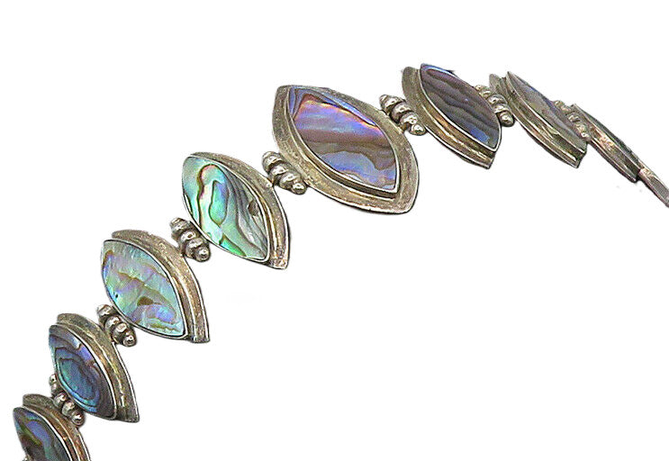 925 Sterling Silver  Vintage Graduated Abalone Shell Chain Bracelet  BT8793