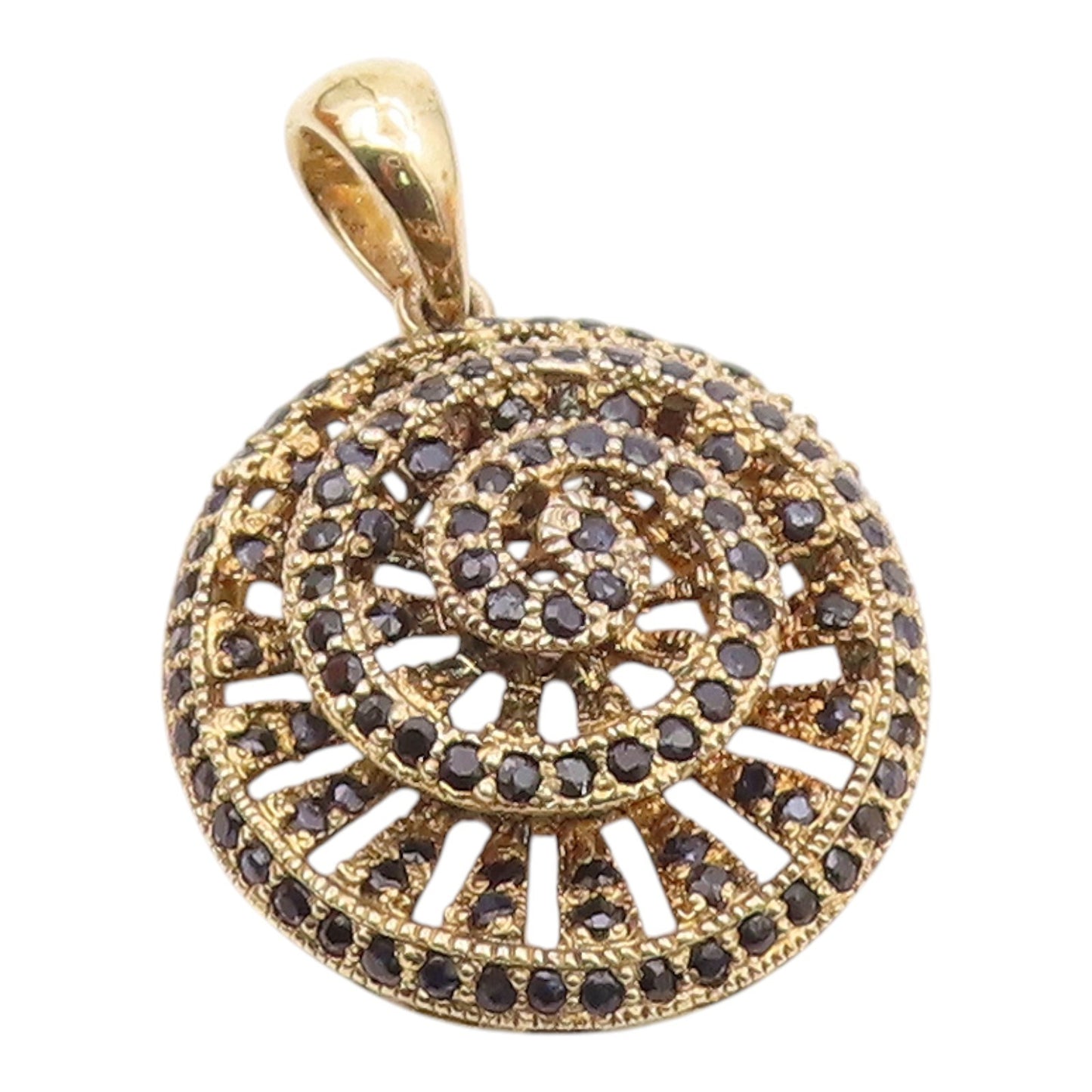 925 Sterling Silver  Vintage Black Spinel Gold Plated Spiral Pendant  PT19548