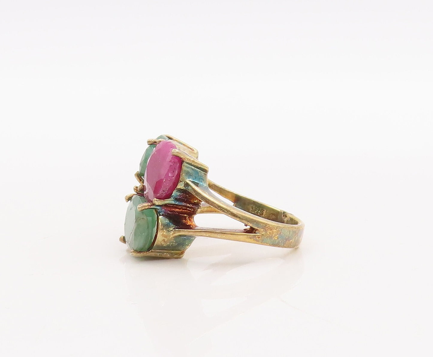 925 Sterling Silver Vintage Ring Gold Plated Ruby & Emerald  Sz 7  RG29824